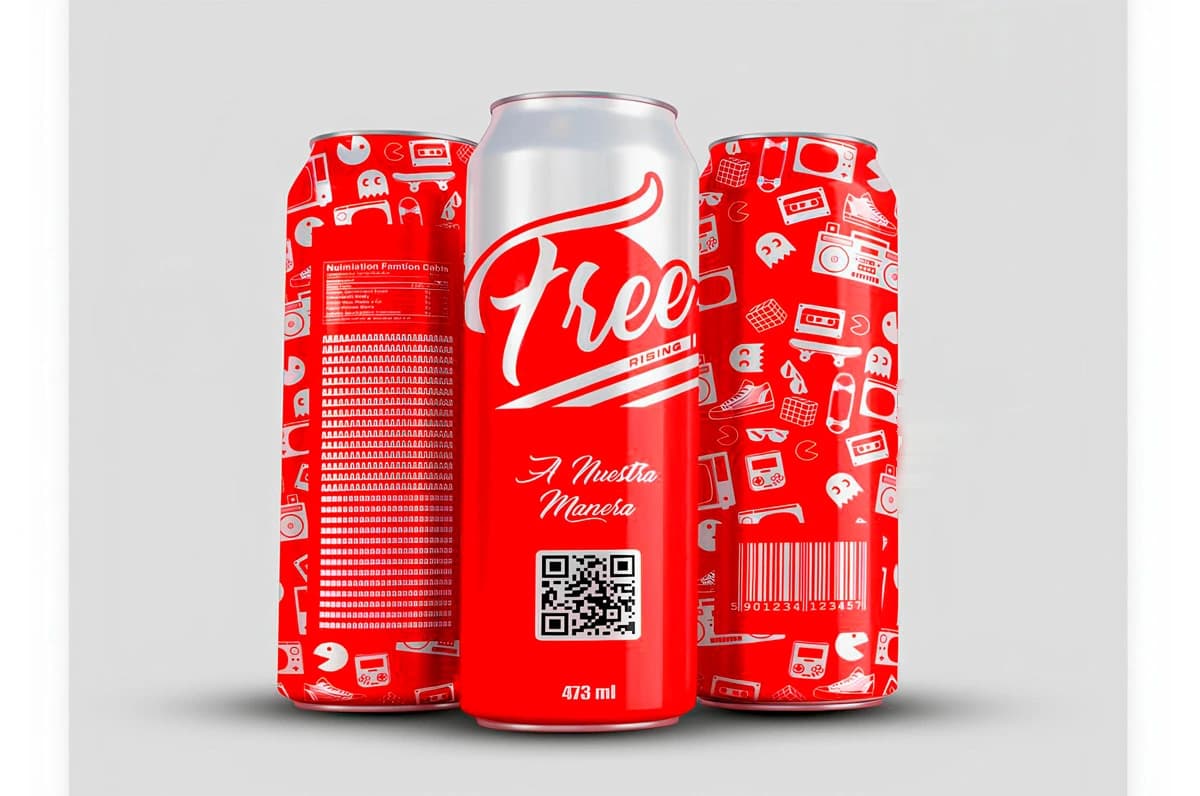 Las tres latas de Free Rising Cola de 473 ml: lata frontal con el logo, lata con la información nutricional y lata con el patrón de íconos retro.